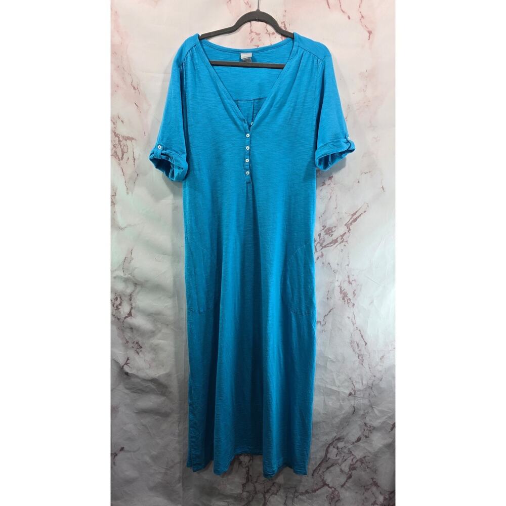 Chicos Dress Women XL 3 16 18 Blue Maxi Cuffed Roll Up Henley N Neck Pockets